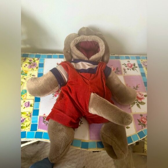 WRINKLES Vintage Cuddly Brown Plh PUPPET Dog with Red Overalls - Picture 4 of 6
